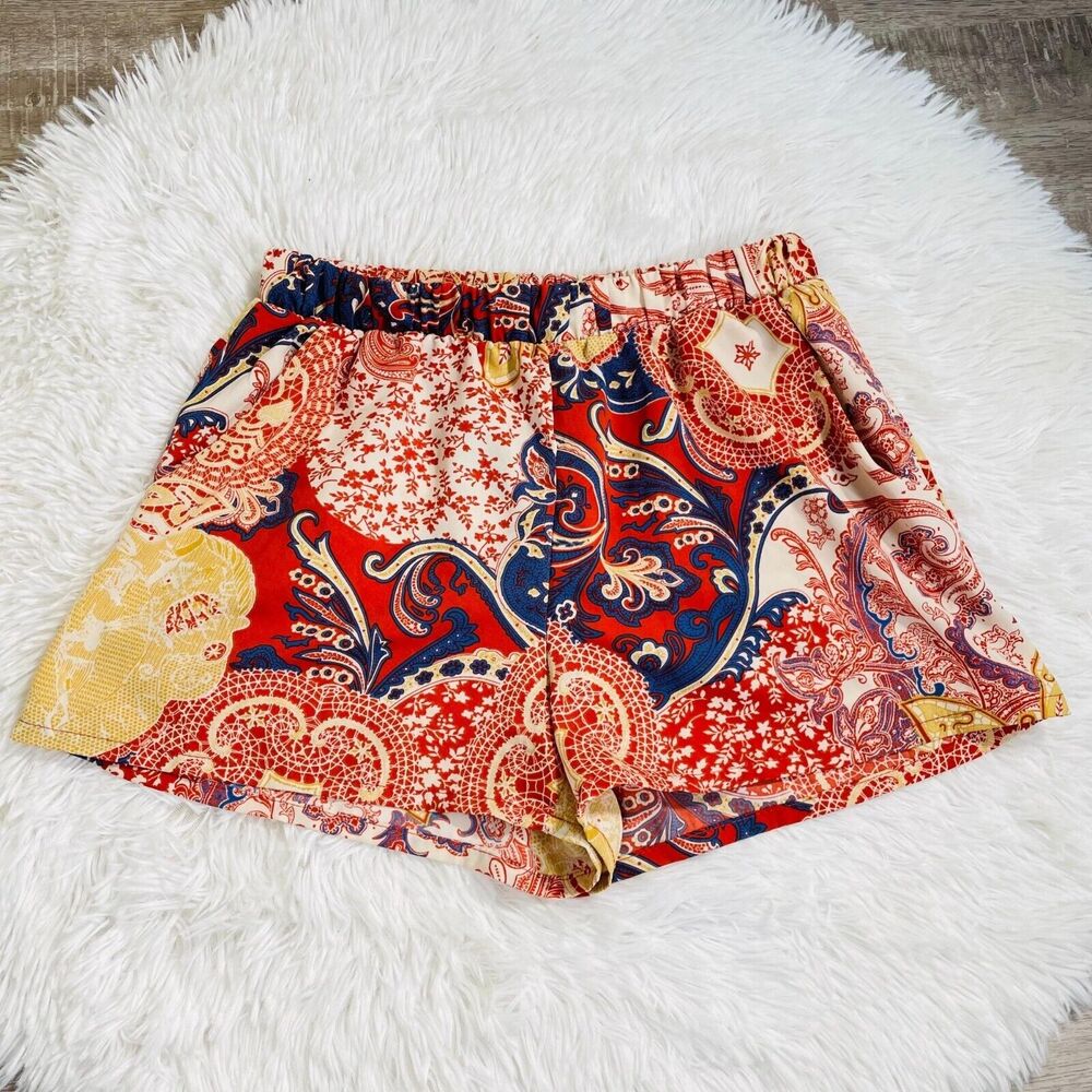 Fab’rik Paisley Boho Shorts Womens Medium Red Flowy Elastic Waist Pockets